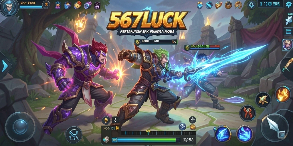 Tangkapan layar menunjukkan pertempuran MOBA yang intens di 567LUCK.