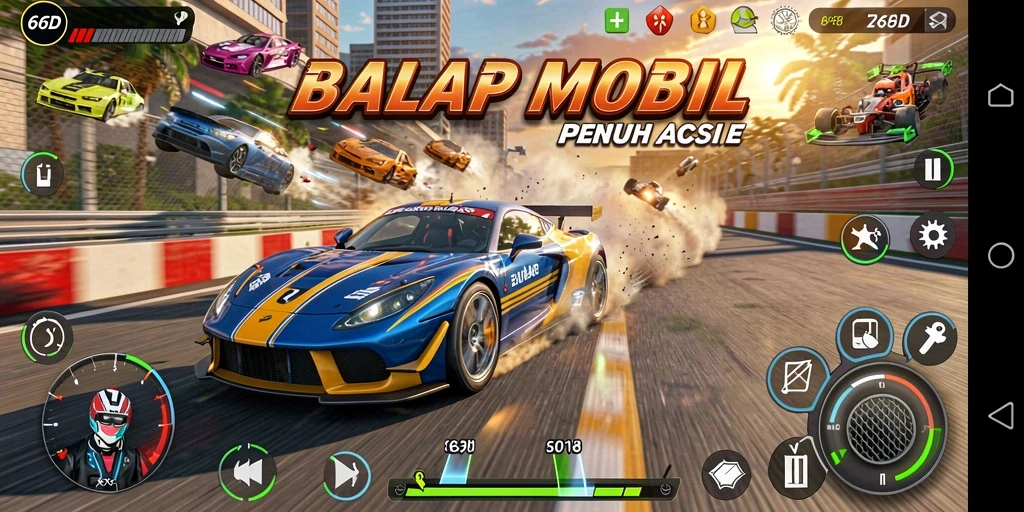 Tampilan menarik dari gameplay balap yang seru di 66D.