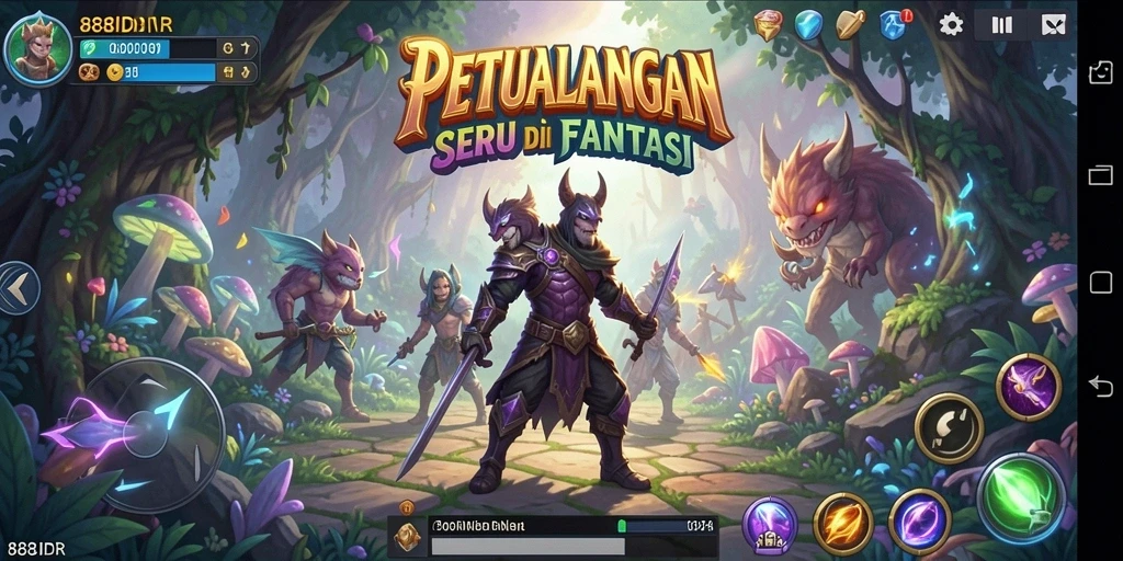 Screenshot utama 888IDR menampilkan karakter berpetualang di hutan fantasi.
