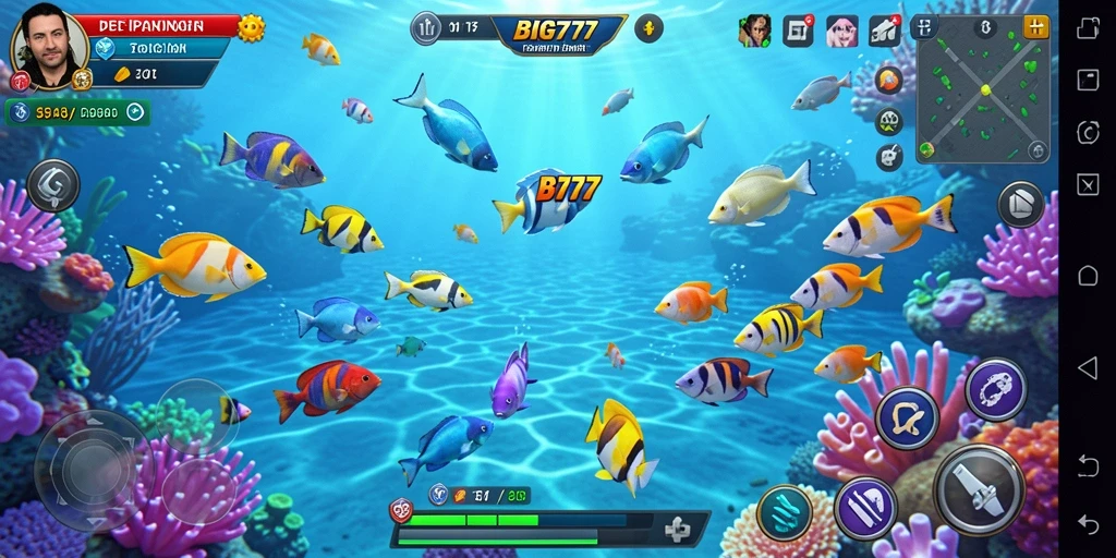 Screenshot menampilkan gameplay seru dari BIG777, dengan aksi menembak ikan yang mendebarkan.