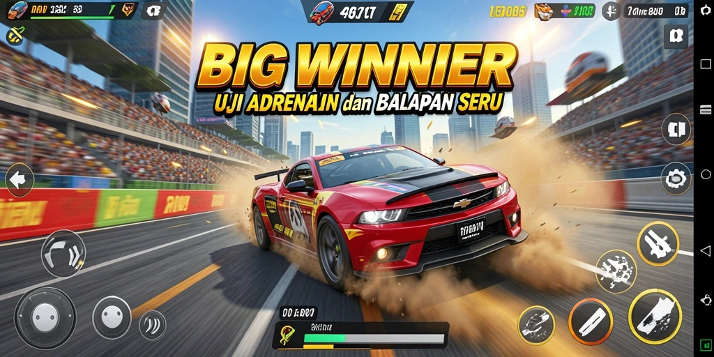 Screenshot utama BIGWINNER menampilkan balapan mendebarkan dengan mobil cepat.