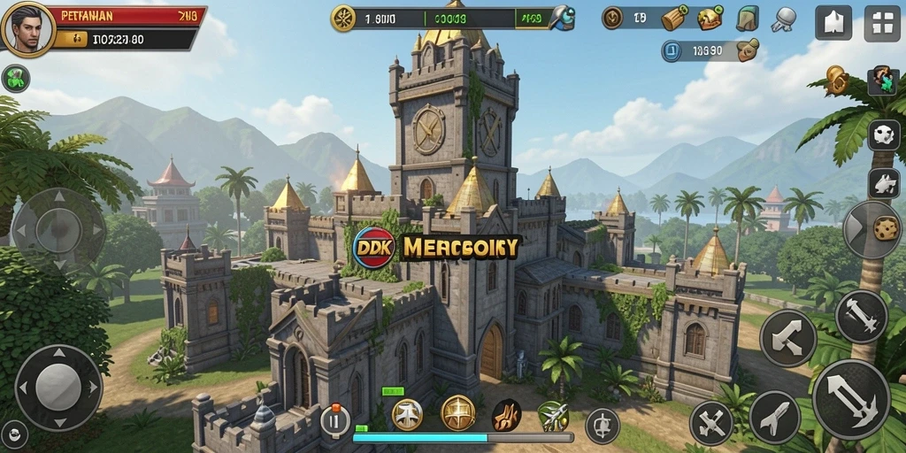 Screenshot menunjukkan menara pertahanan sedang beraksi melawan gelombang musuh.