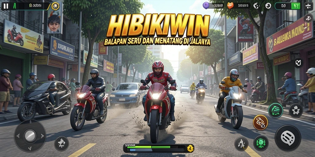 Screenshot gameplay HIBIKIWIN menunjukkan balapan yang mendebarkan.