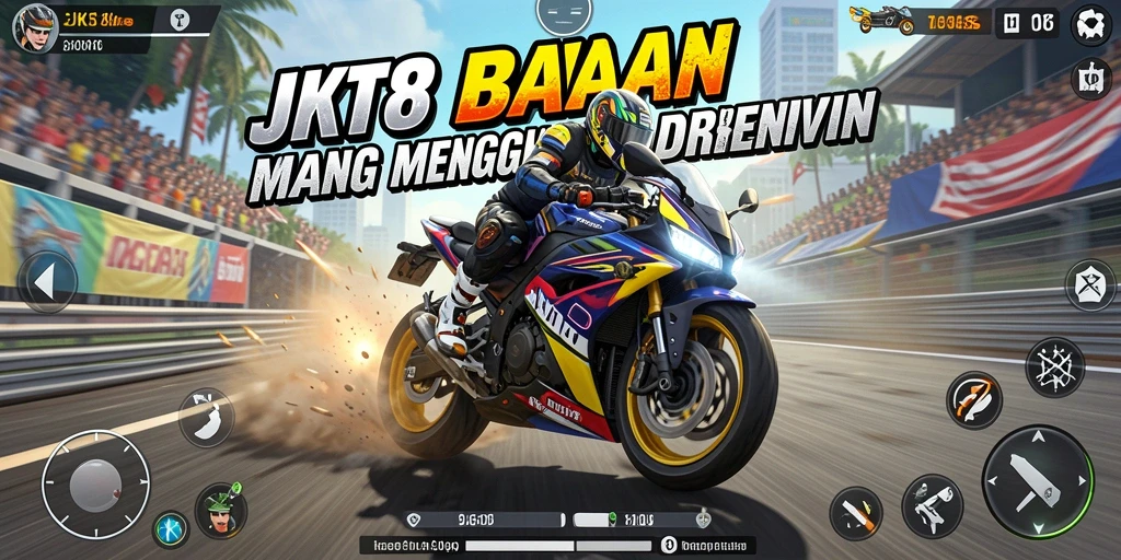 Gameplay seru JKT8 dengan balapan motor yang mendebarkan.