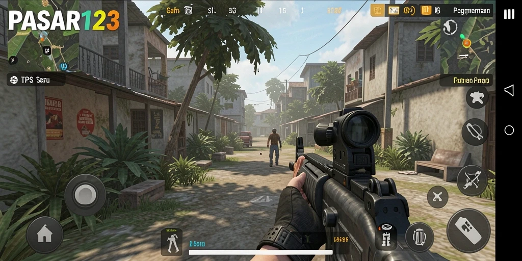 Screenshot gameplay PASAR123 menampilkan pertempuran TPS yang mendebarkan.