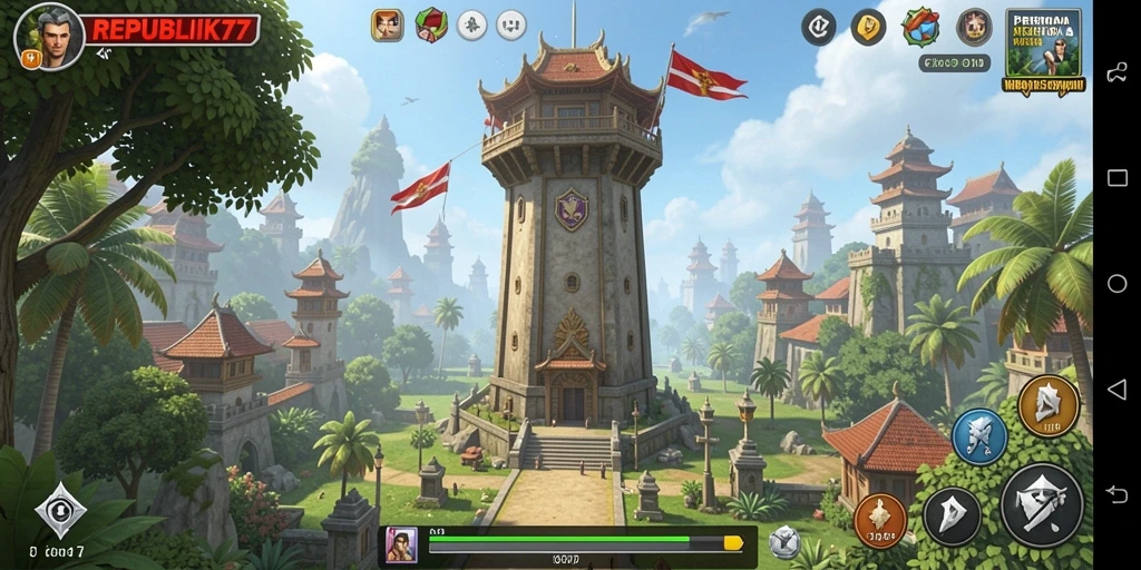 Tangkapan layar gameplay dari REPUBLIK77 yang menunjukkan aksi Tower Defense.